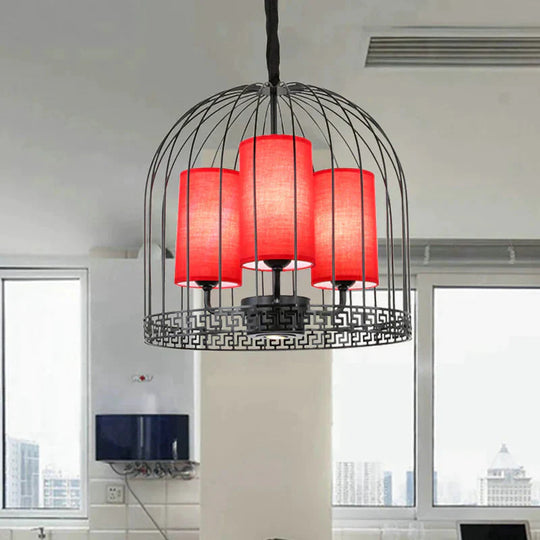 Traditional Birdcage Chandelier Light Metal 3/5 Lights Restaurant Black/Gold Ceiling Lamp With Red