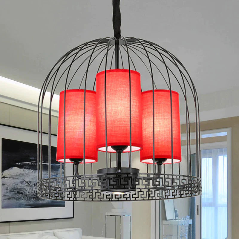 Traditional Birdcage Chandelier Light Metal 3/5 Lights Restaurant Black/Gold Ceiling Lamp With Red