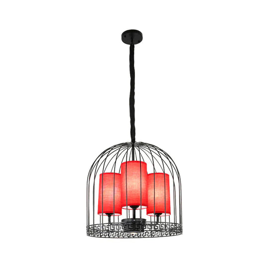 Traditional Birdcage Chandelier Light Metal 3/5 Lights Restaurant Black/Gold Ceiling Lamp With Red