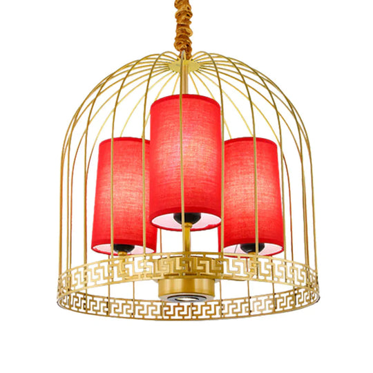 Traditional Birdcage Chandelier Light Metal 3/5 Lights Restaurant Black/Gold Ceiling Lamp With Red