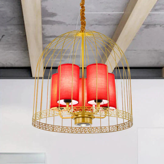 Traditional Birdcage Chandelier Light Metal 3/5 Lights Restaurant Black/Gold Ceiling Lamp With Red