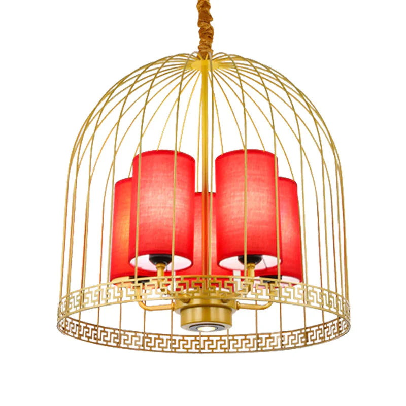 Traditional Birdcage Chandelier Light Metal 3/5 Lights Restaurant Black/Gold Ceiling Lamp With Red