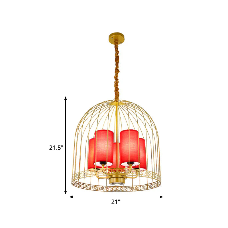 Traditional Birdcage Chandelier Light Metal 3/5 Lights Restaurant Black/Gold Ceiling Lamp With Red