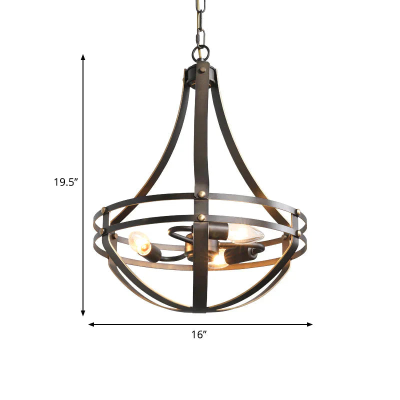Vintage Style 3 Heads Black Pendant Lamp With Bowl Cage Metallic Shade