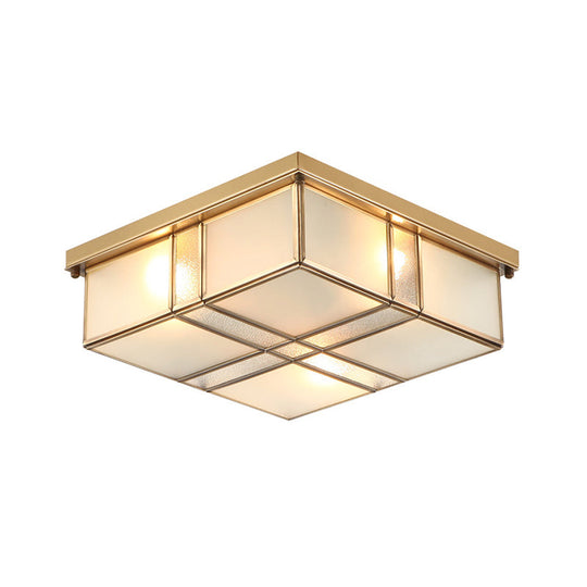 Vintage Brass Square Flush Mount Light With Frosted Glass Shades - Perfect For Bedrooms And