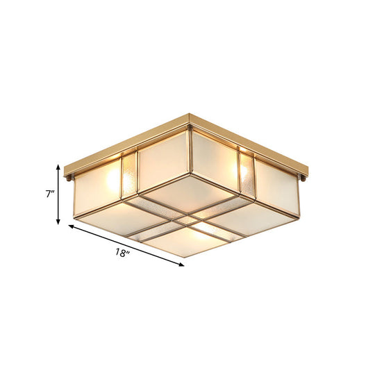 Vintage Brass Square Flush Mount Light With Frosted Glass Shades - Perfect For Bedrooms And