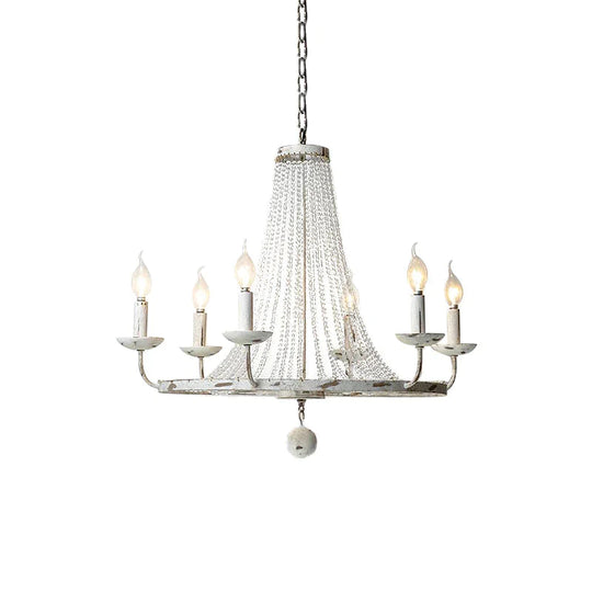 6 Bulbs Beaded Ceiling Chandelier Traditional Crystal Hanging Light Fixture In Distressed White