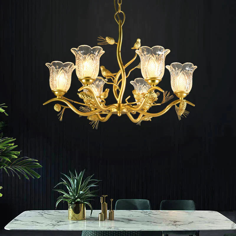 Petal Dining Room Ceiling Lamp Clear Textured Glass 6/8 Bulbs Retro Stylish Chandelier Light