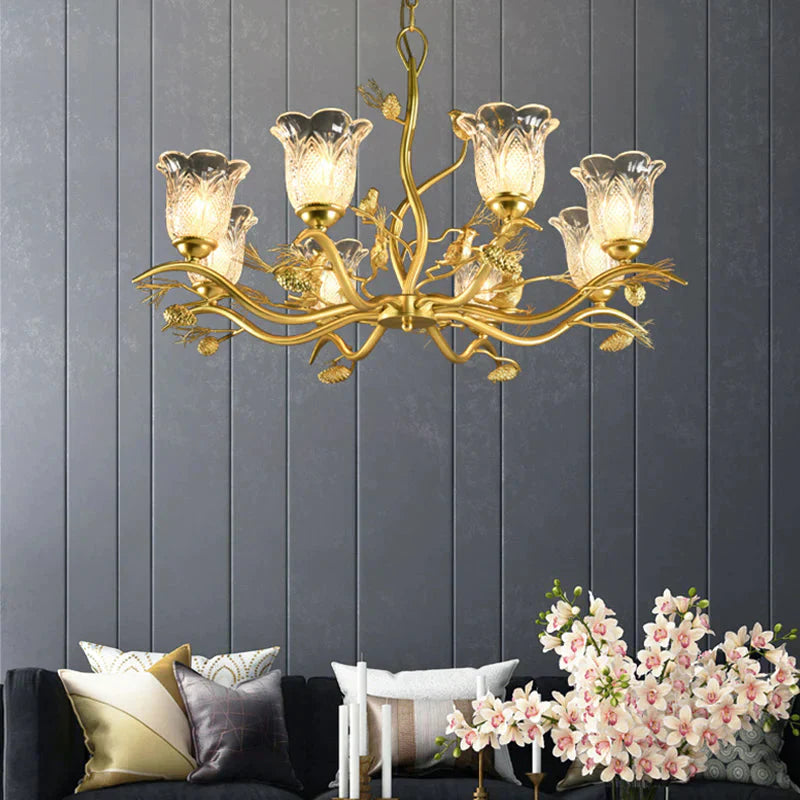 Petal Dining Room Ceiling Lamp Clear Textured Glass 6/8 Bulbs Retro Stylish Chandelier Light