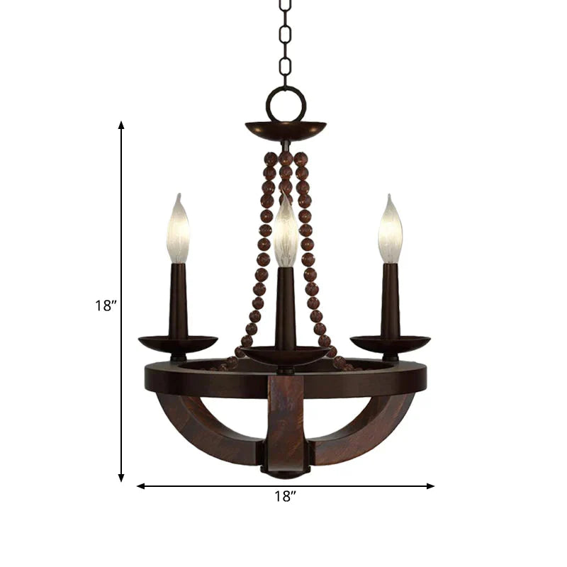 Brown Open Bulb Empire Chandelier Light Traditional Style 3 Heads Wood Hanging Fixture With Bead