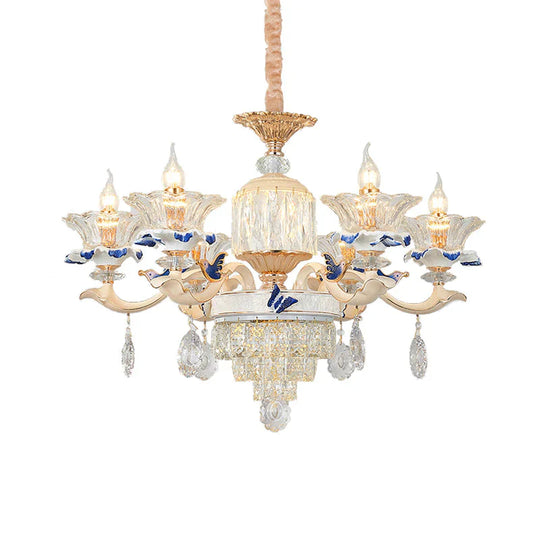 6 Heads Dining Room Chandelier Lamp Tradition Gold Hanging Light Fixture With Flared Clear Glass