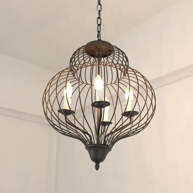 5 - Light Gourd Shape Chandelier Pendant Traditional Black Iron Ceiling Light Fixture