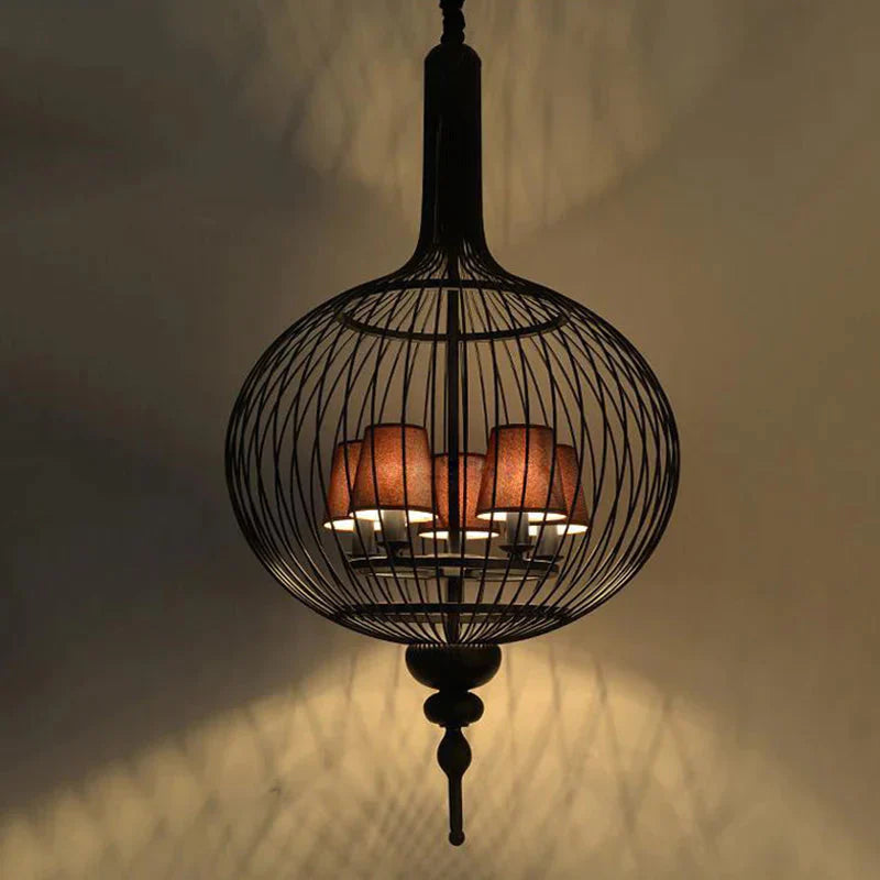 Lantern Iron Chandelier Pendant 23.5’/27.5’ W Traditional 5 Head Black Ceiling Lamp With Brown