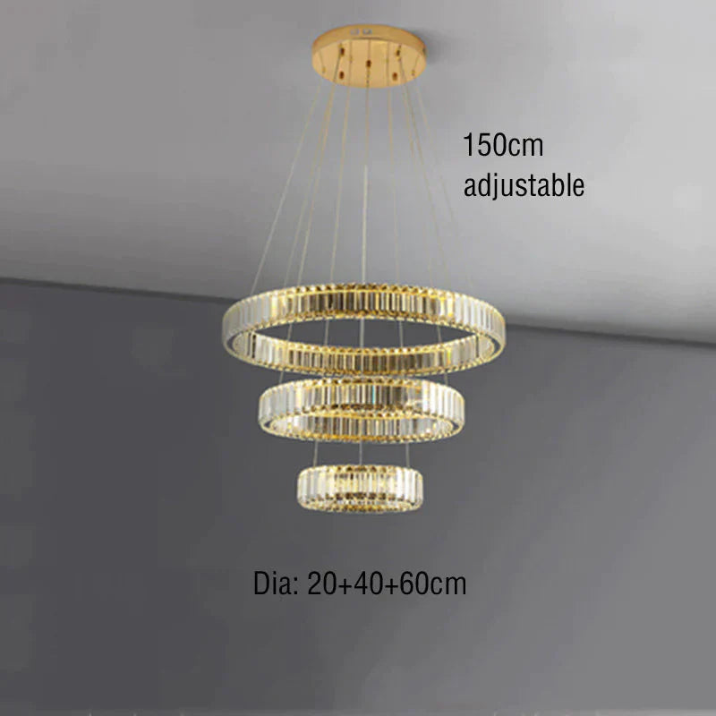 Stair Crystal Long Chandelier Rotating Ring Led Duplex Large D 20 + 40 + 60Cm / Stepless Dimming