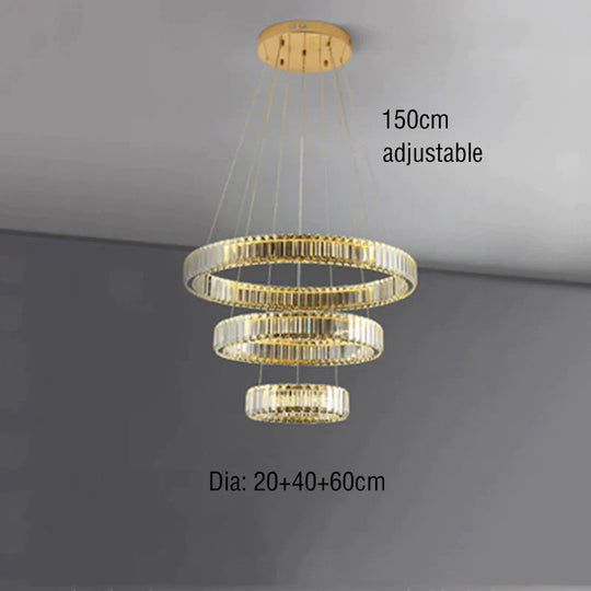 Stair Crystal Long Chandelier Rotating Ring Led Duplex Large D 20 + 40 + 60Cm / Stepless Dimming