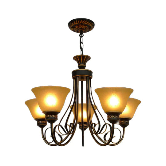 5 Lights Chandelier Light With Bell Shade Beige Frosted Glass Classic Bedroom Ceiling Lamp In Black
