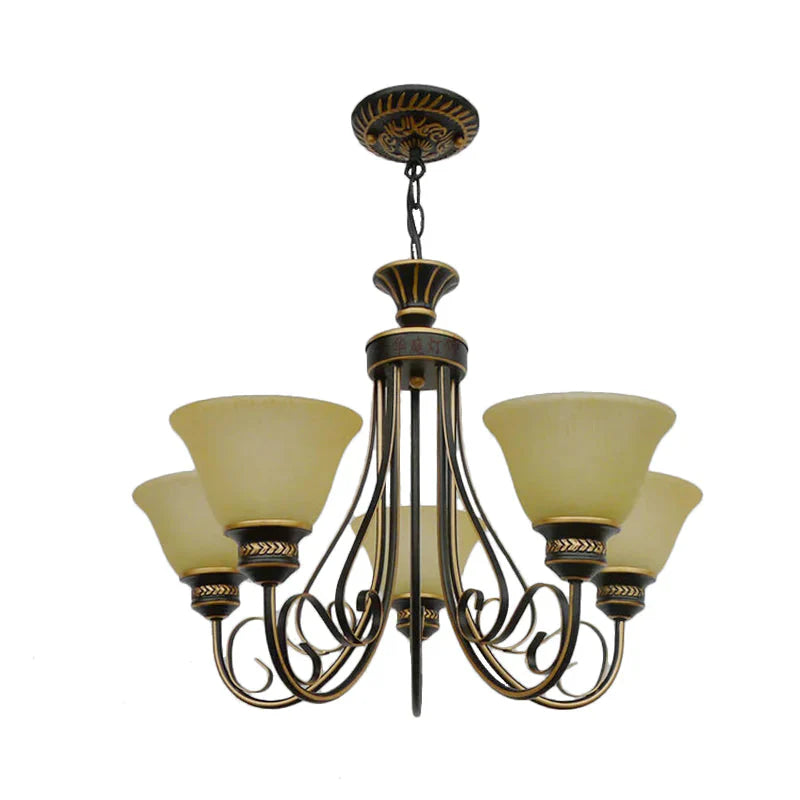 5 Lights Chandelier Light With Bell Shade Beige Frosted Glass Classic Bedroom Ceiling Lamp In Black