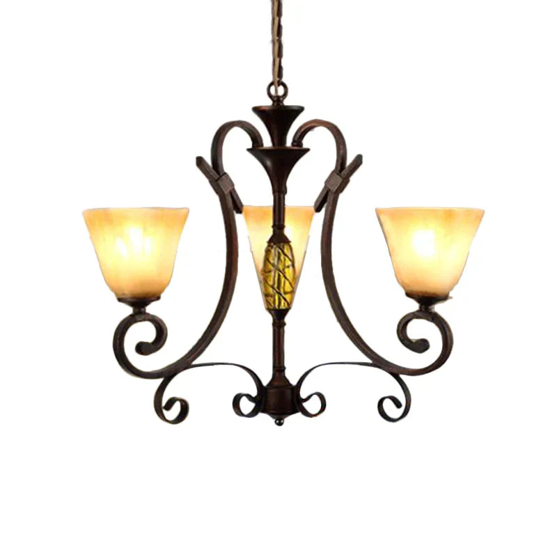 Bell Beige Frosted Glass Chandelier Light Traditional 3 Lights Dining Room Pendant Lighting In Rust