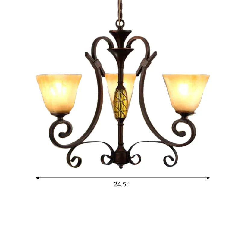 Bell Beige Frosted Glass Chandelier Light Traditional 3 Lights Dining Room Pendant Lighting In Rust