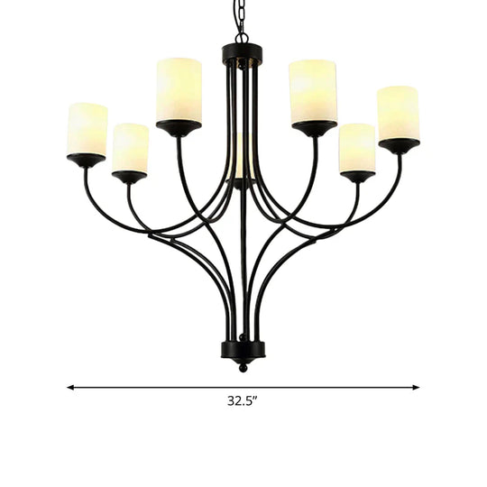 Cylinder Bedroom Pendant Chandelier Traditional Opal Glass 7 Lights Black Hanging Fixture