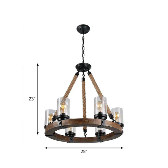 Beige Wheel Pendant Lighting Traditional Wood 1 Light Living Room Chandelier With Cylinder Shade