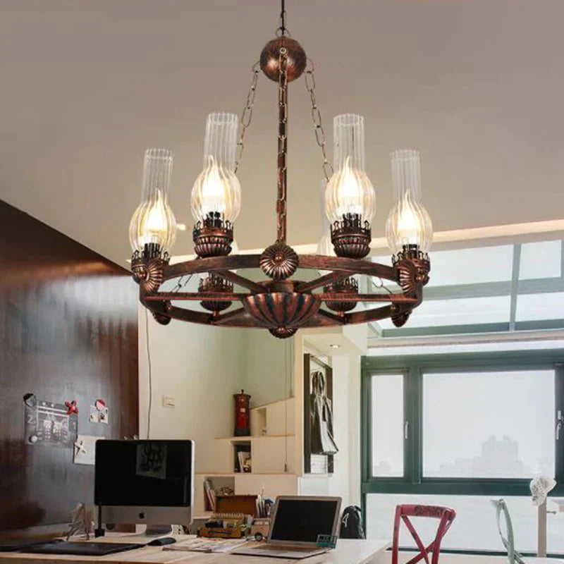 6 Bulbs Wagon Wheel Chandelier Light Traditional Clear Ribbed Glass Hanging Ceiling Fixture In