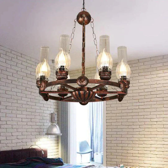 6 Bulbs Wagon Wheel Chandelier Light Traditional Clear Ribbed Glass Hanging Ceiling Fixture In