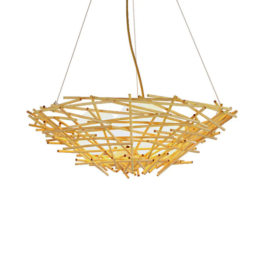 Birdnest Suspension Pendant Contemporary Wood 1 Bulb Beige Hanging Light Kit 16.5’/24.5’ Wide
