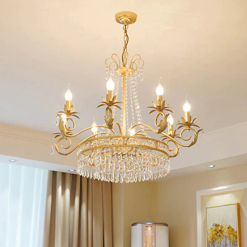 Curved Arm Crystal Chandelier Lamp Countryside 4/8 Lights Living Room Drop Pendant In Gold 8 /