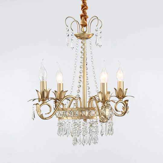 Curved Arm Crystal Chandelier Lamp Countryside 4/8 Lights Living Room Drop Pendant In Gold 4 /