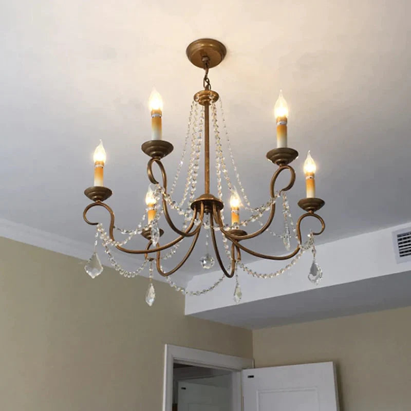 Candelabra Bedroom Chandelier Pendant Light Rustic Crystal 6/9 Lights Brass Down Lighting