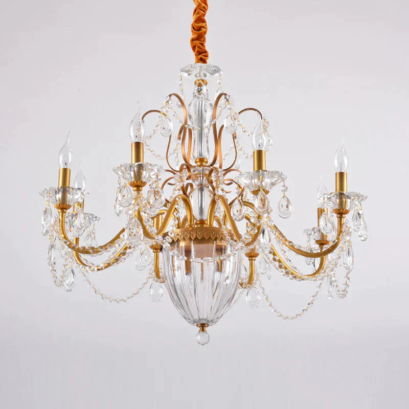 Gold Candlestick Hanging Chandelier Rural Crystal 6/8 Lights Bedroom Suspension Lighting