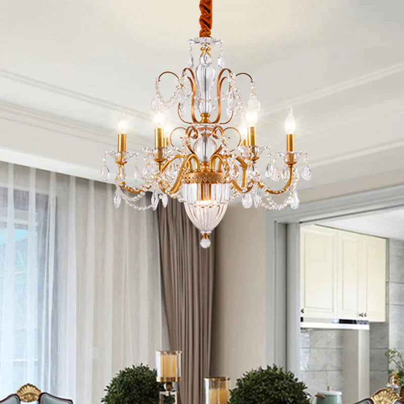 Gold Candlestick Hanging Chandelier Rural Crystal 6/8 Lights Bedroom Suspension Lighting