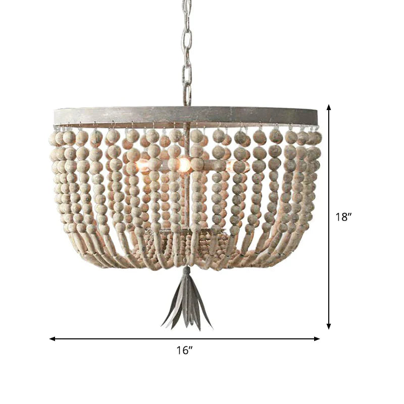 Dome Chandelier Lighting Retro Wood White 3 Bulbs Hanging Ceiling Light With Adjustable Chain