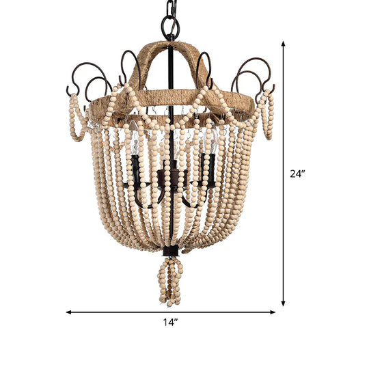 Bird Cage Pendant Chandelier Traditional Wood 3 Bulbs Light Tan Hanging Lamp For Living Room