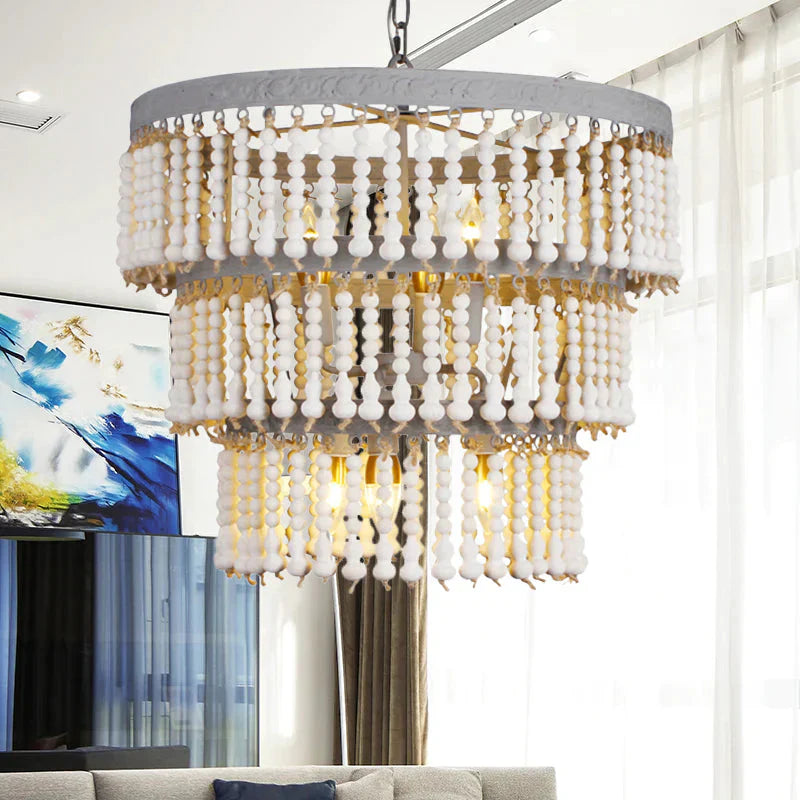 White 3 - Tier Ceiling Chandelier Modernism Wood 6 Heads Hanging Light Fixture With Adjustable Chain