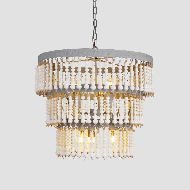 White 3 - Tier Ceiling Chandelier Modernism Wood 6 Heads Hanging Light Fixture With Adjustable Chain