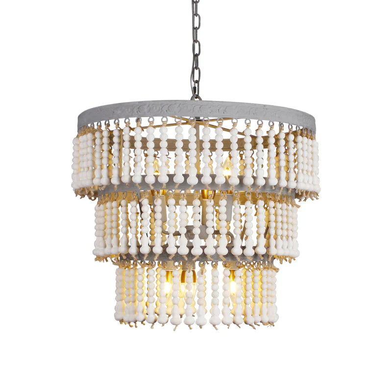 White 3 - Tier Ceiling Chandelier Modernism Wood 6 Heads Hanging Light Fixture With Adjustable Chain
