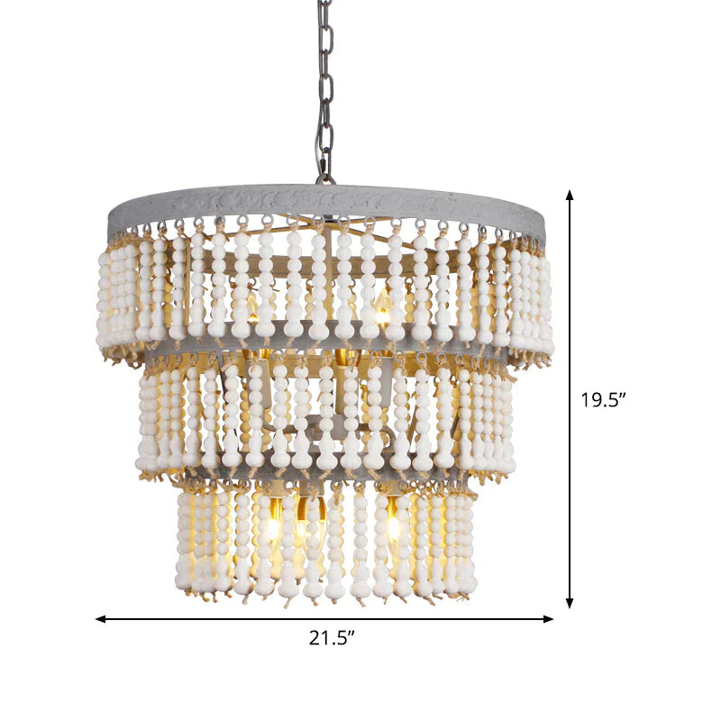 White 3 - Tier Ceiling Chandelier Modernism Wood 6 Heads Hanging Light Fixture With Adjustable Chain