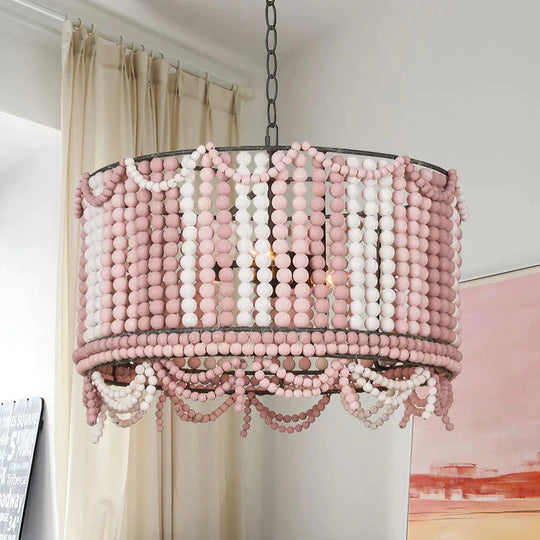 Wood Drum Chandelier Lamp Retro 3 Bulbs White/Pink/Blue Pendant Lighting Fixture With Adjustable