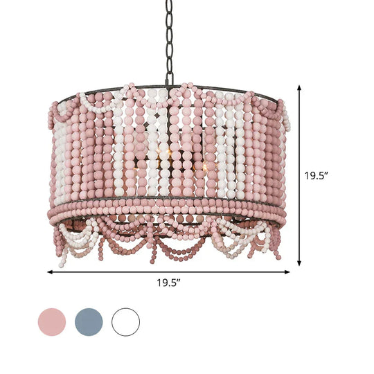 Wood Drum Chandelier Lamp Retro 3 Bulbs White/Pink/Blue Pendant Lighting Fixture With Adjustable