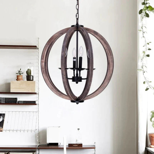 Global Chandelier Light Rustic Wood 4 Heads Brown Hanging Lamp Kit For Living Room