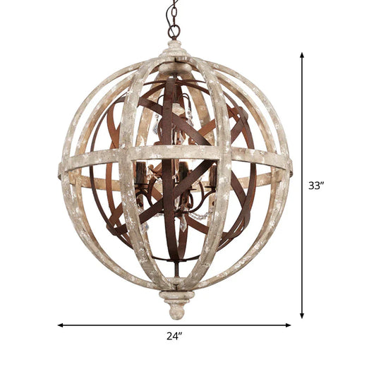 Retro 5 Heads Chandelier Lamp Rust Laser - Cut Ceiling Pendant Light With Wood Shade For Living Room