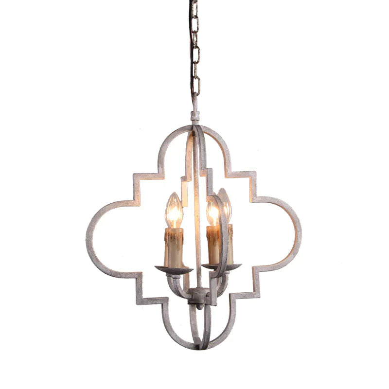 4 Bulbs Candle Ceiling Chandelier Rustic Wood Suspended Lighting Fixture In Distressed White