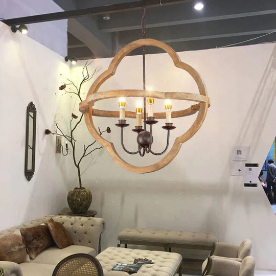 Traditional Candle Hanging Chandelier Wood 4 Bulbs Suspension Light In Beige For Restaurant