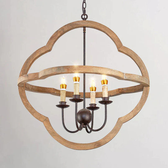 Traditional Candle Hanging Chandelier Wood 4 Bulbs Suspension Light In Beige For Restaurant