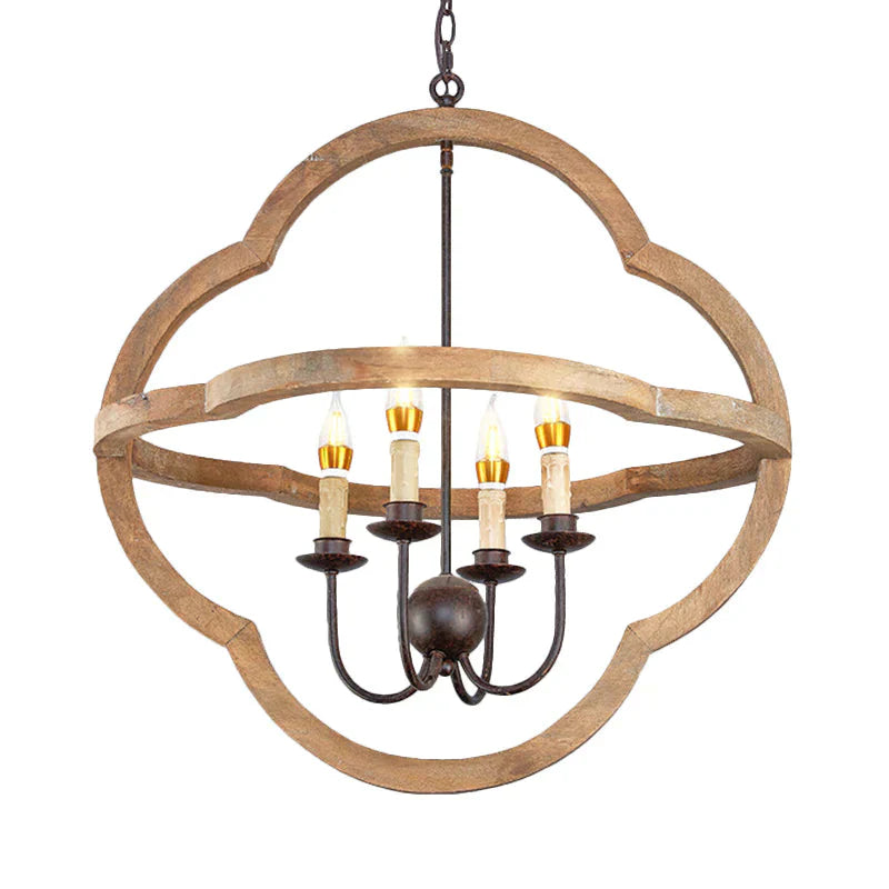 Traditional Candle Hanging Chandelier Wood 4 Bulbs Suspension Light In Beige For Restaurant