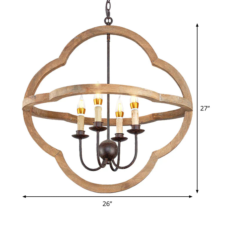 Traditional Candle Hanging Chandelier Wood 4 Bulbs Suspension Light In Beige For Restaurant