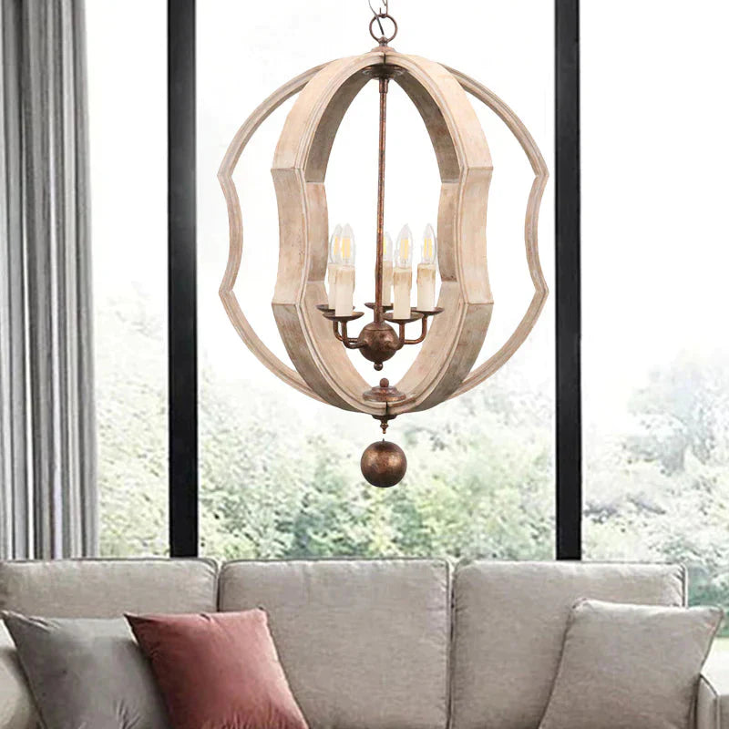 Distressed White Globe Chandelier Lighting Modern Wood 5 Bulbs Pendant Light Fixture With