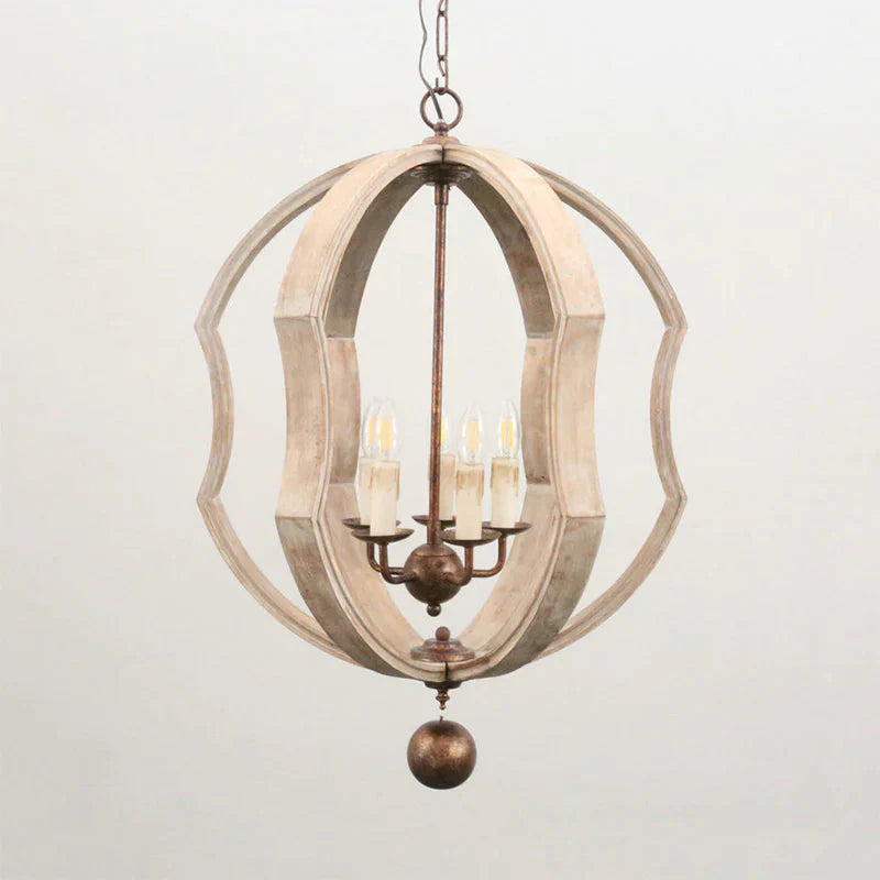 Distressed White Globe Chandelier Lighting Modern Wood 5 Bulbs Pendant Light Fixture With